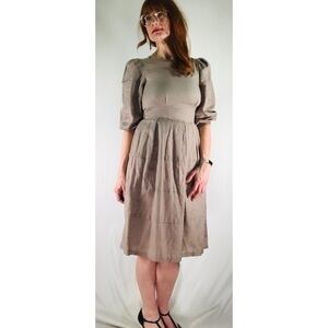 80’s Vintage ‘Connections’ Light Brown Puff Sleeve Linen Blend Midi Dress